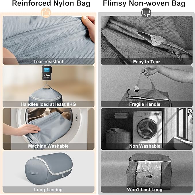 Comforter Storage Organizer - Space-saving Bedding Storage Bags for Queen Duvet & Blanket, Washable, 6-Pack, Grey