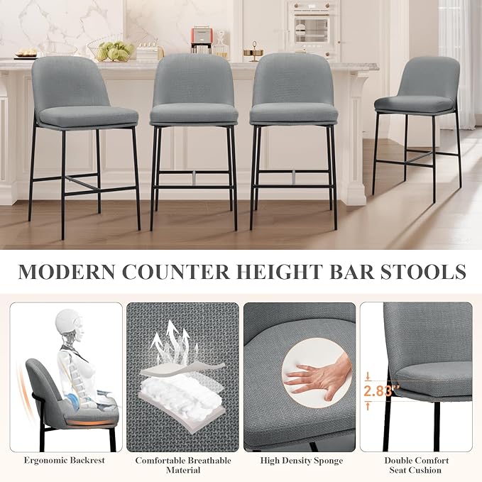 Bar Stools Set of 2, Modern Upholstered Counter Height Bar Chairs with Cushioned Seat and Curved Back, Fabric Kitchen Island Stools with Sturdy Metal Legs for Dining Room Island Bar, Dark Grey