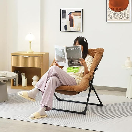Comfy Saucer Chair for Adults, Soft Faux Fur Bedroom Chair with Ottoman, Accent Dorm Chairs, Living Room Reading Chairs and Footstool, Folding Seat for Teens, X-Large, Brown