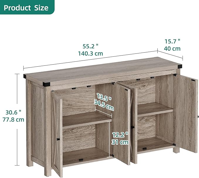 YITAHOME 55'' Sideboard Buffet Cabinet with Storage, Farmhouse Kitchen Storage Cabinet w/4 Doors ＆Adjustable Shelf for Kitchen, Living Room, Grey-Brown