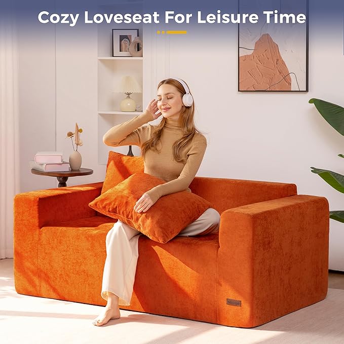 MAXYOYO Modular Sofa Couch, 61" Loveseat Boneless Cloud Couch with Deep Seat, Chenille Upholstered Living Room Sleeper Sofa Chair for Living Room, No Assembly Required, Orange