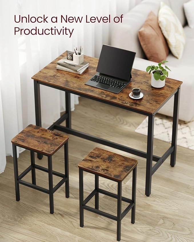 VASAGLE Bar Table and Chairs Set, Rectangular Table with 2 Stools, Dining Pub Set for 2, Space Saving for Kitchen Breakfast, Living Room, Party Room, Rustic Brown and Black ULBT15X