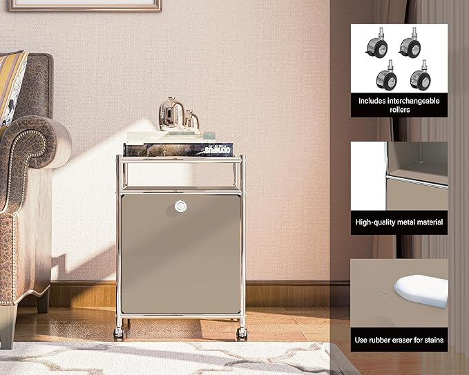 Elegant Matte Storage Cart with 22.8" Height - Perfect Side Table, Night Stand - Large Capacity with Flap Door, Detachable Wheels - Ideal for Home, Office, Bedroom, Kitchen (Taupe)