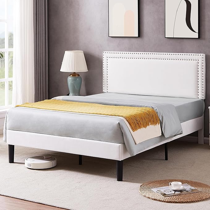 VECELO Queen Size Bed Frame with Adjustable Upholstered Headboard, Wooden Slats Platform, Noise-Free Design, Easy Assembly