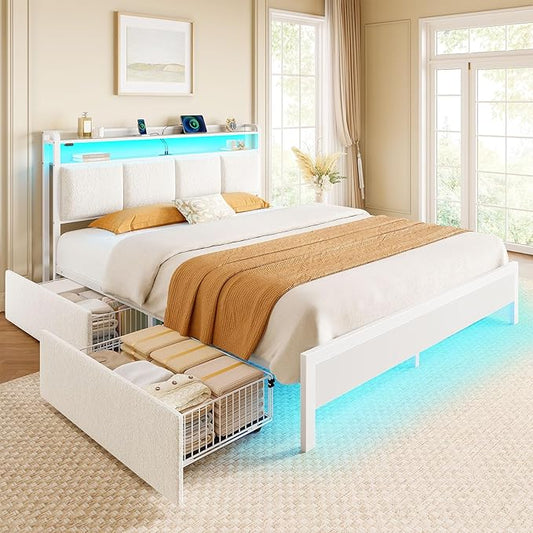 Rolanstar Bed Frame Full Size with Charging Station and LED Lights, Upholstered Storage Headboard with Drawers, Heavy Duty Metal Slats, No Box Spring Needed, Noise Free, Easy Assembly, White