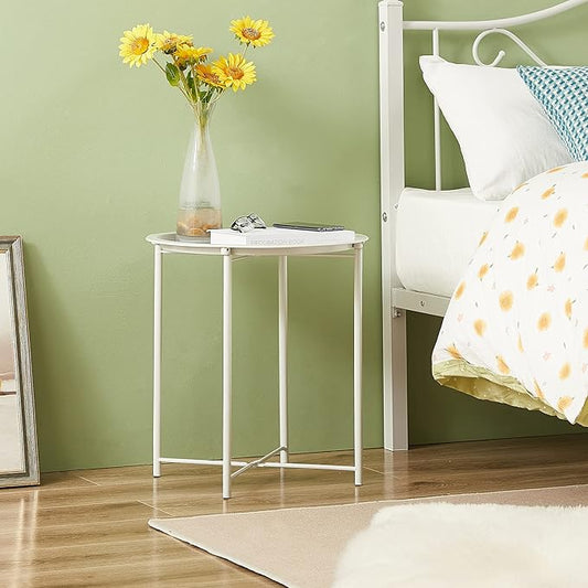 VECELO Side/End Table, Folding Round Metal Anti-Rust and Waterproof Outdoor or Indoor Tray for Living Room Bedroom Balcony and Office, 2 PCS, Beige