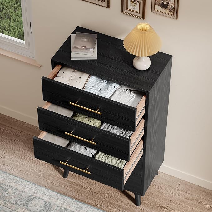 Aiho 5 Drawer Dresser, Tall Chest with Metal Handles, Wood Storage Organizer for Bedroom, Hallway, or Living Room, Black