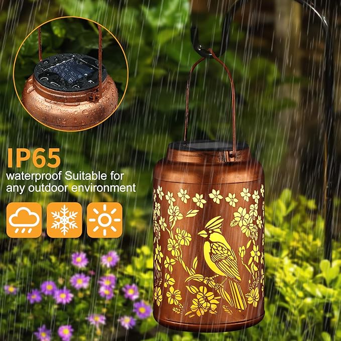 Red Bird Solar Lanterns Outdoor Waterproof Garden Decor Birthday Gifts for Women Mom Grandma Hanging Lights Metal Decoration Outside for Yard, Patio,Backyard,Porch