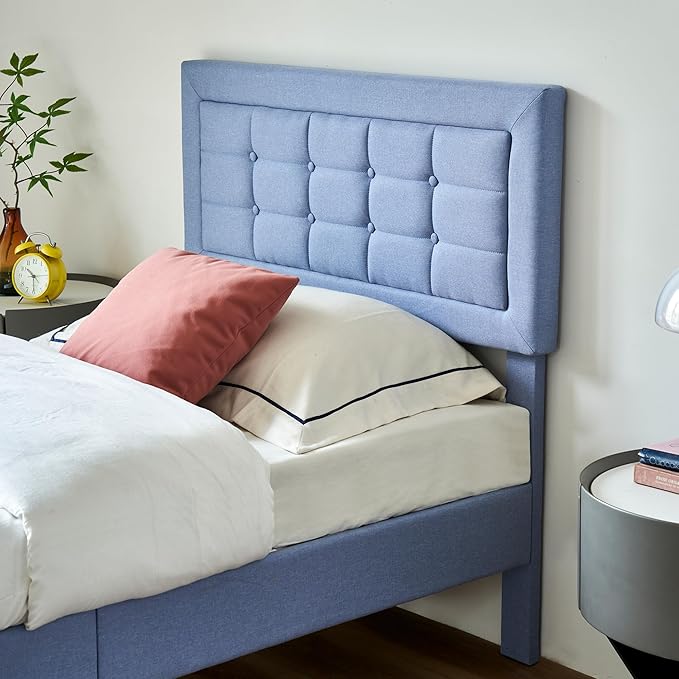 VECELO Twin Size Bed Frame with Adjustable Headboard, Upholstered Button Tufted Bedframe with Wood Slats Support, No Box Spring Needed, Light Blue