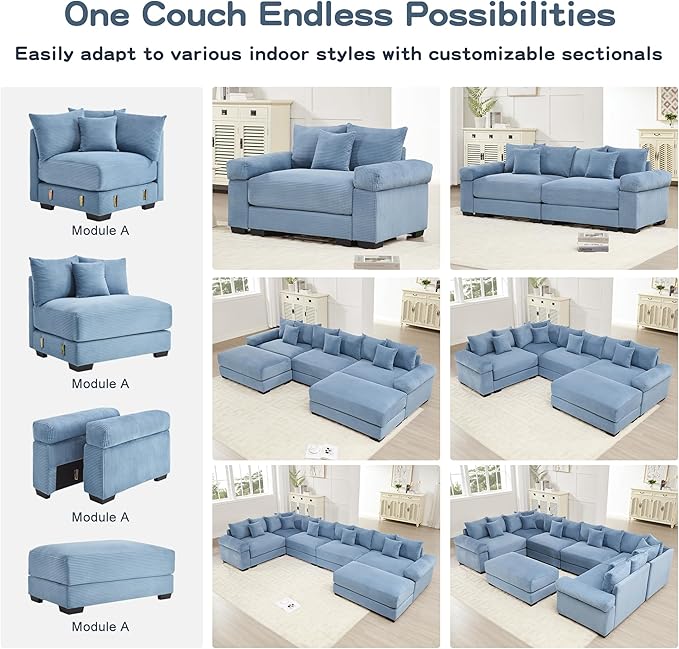 KEIKI 83" Oversized Corduroy Modular Sectional Loveseat Sofa with High-Density Foam Cushions, Extra-Thick Armrest, Upholstered Modern 2-Seater Fluffy Corner Couch with 6 Pillow, for Living Room, Blue