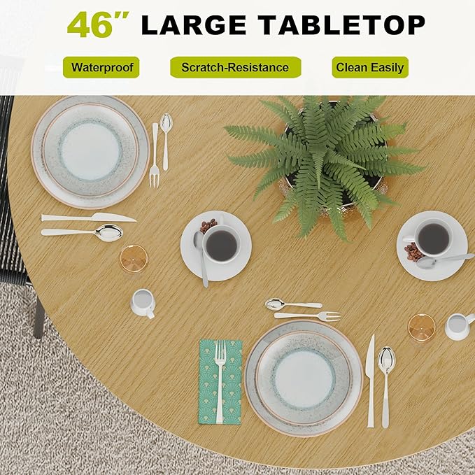 Casaphoria 46" Round Dining Table for 2-4, Farmhouse Style Small Table with Stripes Base, Easy Assembly for Living Room, Kitchen, Bar, Oak