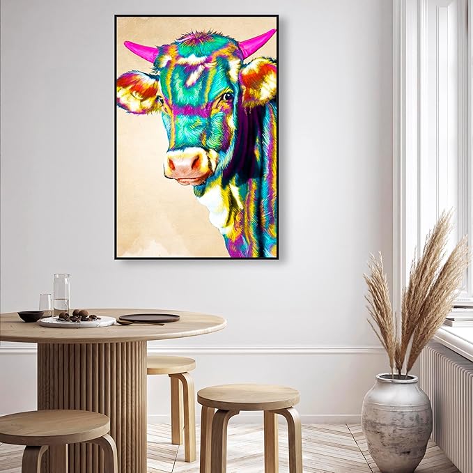 Country Farmhouse Canvas Print Painting Animal Wall Art 'Fun Colorful Glam Farm Cow' Black Framed Canvas Rustic Home Décor 30x45 in Green, Pink by Oliver Gal