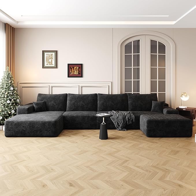 135" U Shaped Sectional Couch with Ottoman, Large Sectional Couches for Living Room, Plush Corduroy Convertible Sleeper Sofa, Compressed Foam Sofa in a Box No Assembly, Left Facing Chaise, Black