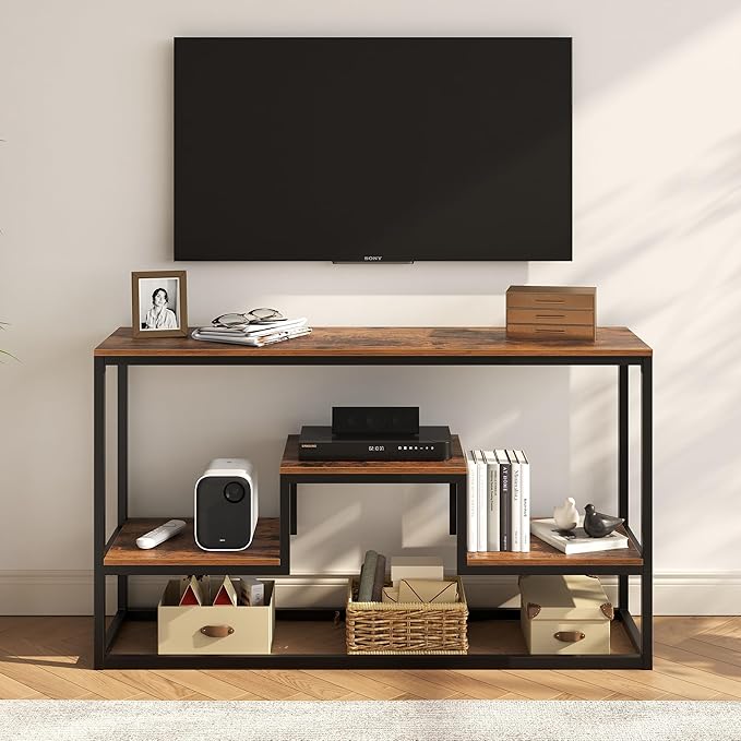 YOUDENOVA TV Stand for TVs up to 65 Inch, TV Console Table with 3-Tier Open Storage Shelves, Modern Industrial Entertainment Center for Living Room, Bedroom, Rustic Brown