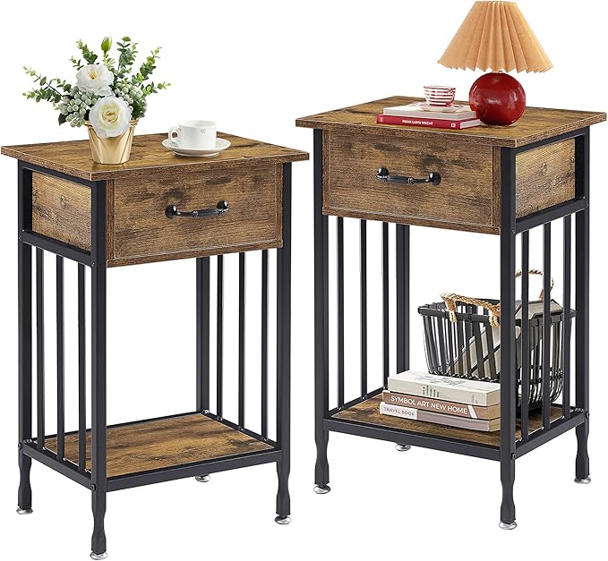 VECELO Night Stand Set 2 with Drawer and Storage Shelf,15.7x11.8x23.6 inches Bedside Table End Table,Wood Nightstands for Bedroom, Living Room,Sofa,Antique Brown,2 Sets