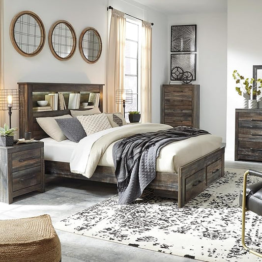 Signature Design by Ashley Drystan Rustic Queen Bookcase Bed with 2 Storage Drawers and LED Light, Foundation or Box Spring Needed, Dark Brown & Gray