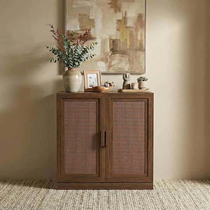 Casaphoria Adam Sideboard Buffet Cabinet with Storage, Sideboard Cabinet with Rattan Doors & Adjustable Shelves, 31" W x 36" H Coffee Bar for Entryway Kitchen Living Room, Walnut