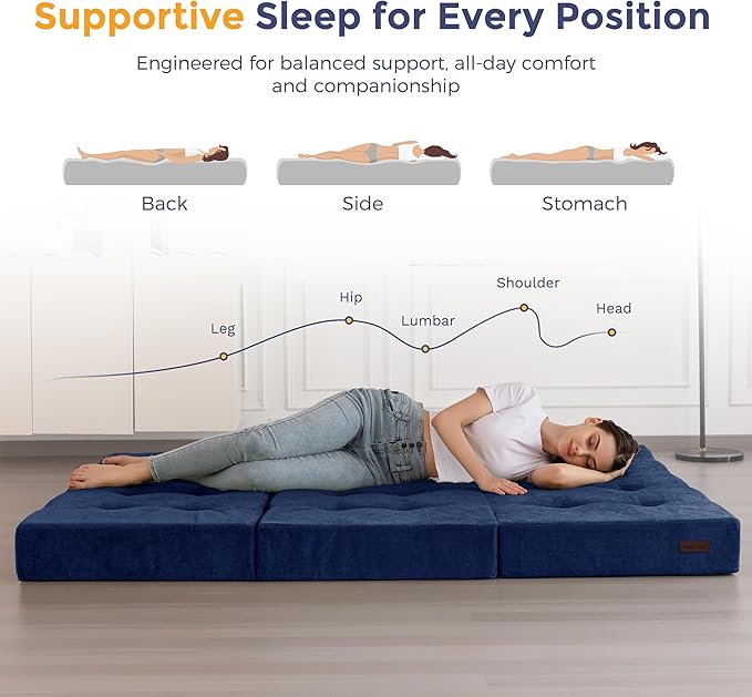 MAXYOYO Tri-Fold Mattress, 6 Inch Tufted Folding Mattress with Chenille Fabric, Portable Queen Size Floor Guest Mat for Adults, Foldable Topper for Camping, Navy