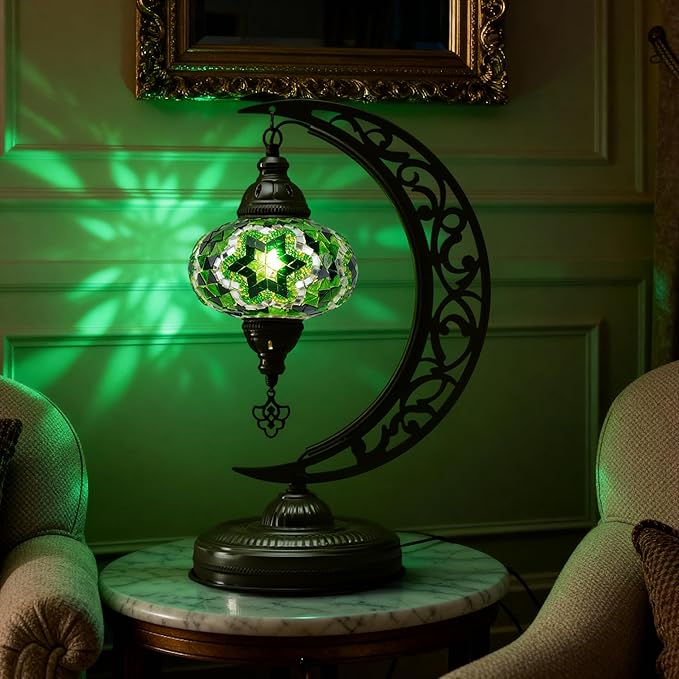 Mozaist Turkish Mosaic Moon Shape Table Lamp, Moroccan Crescent Vintage Handmade Desk Light, Country Living Room, Kitchen Island Decorative Lighting, Authentic Bohemian Bedside Dim Nightstand (Green)