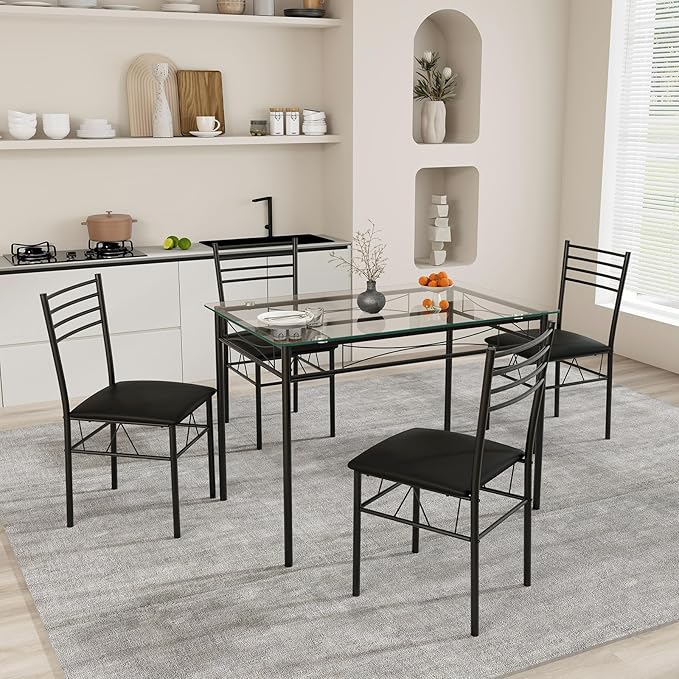NAFORT 5-Piece Dining Table Set for 4, Modern 3/8'' Tempered Glass Kitchen Room Table with 4 Upholstered Dining Chairs, Space-Saving Dinette Tables with Metal Frame for Apartment, Office