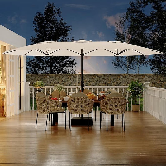 GarveeLife 15 FT Patio Umbrella with Base Included, Patio Table Umbrella with solar lights, 10 Sturdy Ribs UV Protection Waterproof for Garden, Pool, Deck, Backyard (Beige)
