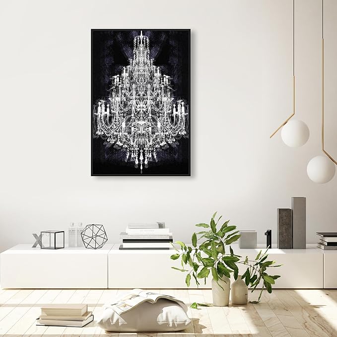 The Oliver Gal Artist Co. Fashion and Glam Framed Wall Art Canvas Prints 'Montecarlo Crystal' Chandeliers Home Décor, 24" x 36", White, Black