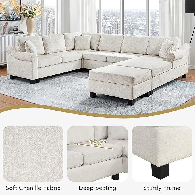ERYE 112-Inch U-Shaped Sectional Sofa with Movable Storage Ottoman, Oversized Chenille Upholstered Corner Modular Sofa Couch W/Right Facing Chaise Lounge and 3 Toss Pillows