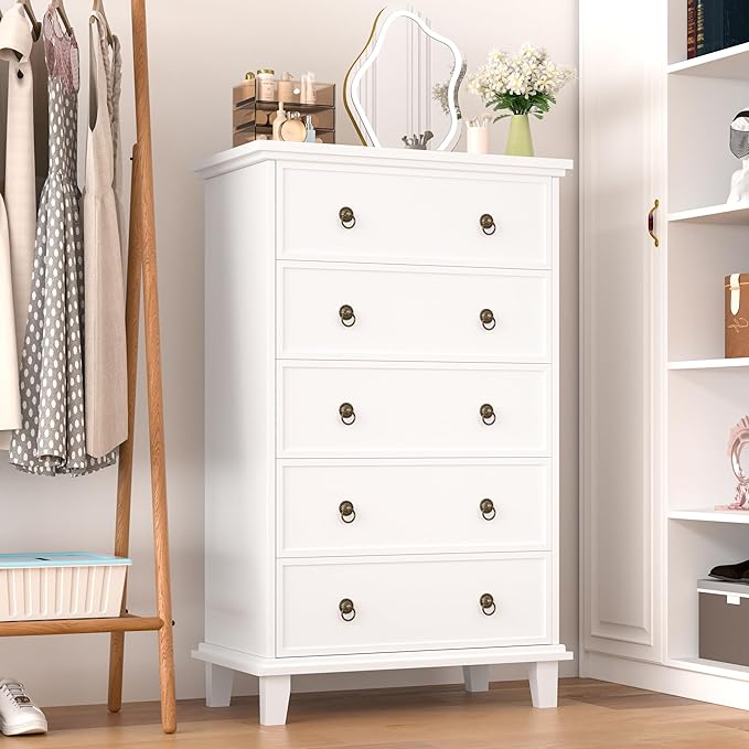 5 Drawers Dresser for Bedroom, White Chest of Drawers Tall Wood Dresser with Large Storage Organizer for Living Room, Hallway