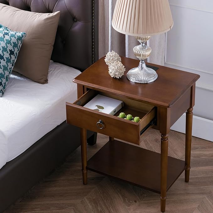 Leick Home Coastal Nightstand, Solid Wood, with USB-C Charging, 1 Drawer and 1 Shelf, Pecan Brown, 20022-PC