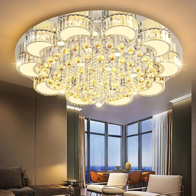 39.4'' Silver Modern Crystal Chandeliers for Dining Room LED Dimmable Light Fixtures Flush Mount Light Living Room Bedrooms