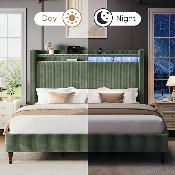 King Size Bed Frame with Tall Headboard, 55.3" Upholstered Platform King Bedframe with Wingback Storage Headboard, Charging Station & LED Lights, No Box Spring Needed, Wooden Slats, Corduroy, Green