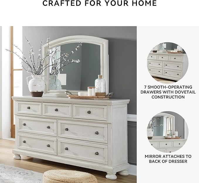 Signature Design by Ashley Robbinsdale Casual Smooth-Gliding 7-Drawer Dresser and Mirror with Safety Stop, Felt-Lined Top Drawers and Pull-Out Tray, White