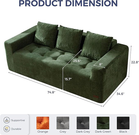 MAXYOYO Modular Sofa Couch, 75" Oversized Loveseat Boneless Cloud Couch with Deep Seat, Chenille Upholstered Living Room Sleeper Sofa Chair for Living Room, No Assembly Required, Dark Green