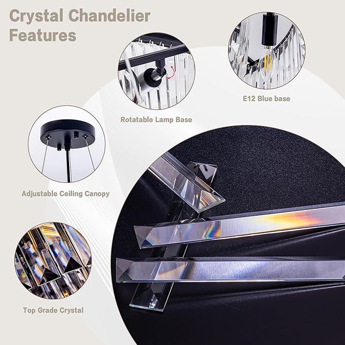 Wellmet Modern Crystal Chandelier for Dining Room, 6 Lights Black Farmhouse Crystal Pendant Light, Vintage Ceiling Lighting Fixture for Kitchen Island, Living Room, Bedroom, Hallway, Foyer, W-21.65”