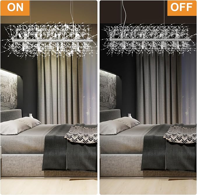 Depuley 35.4" Modern Silver Crystal Firework Chandelier, 12-Light Crystal Light Fixture Hanging, Linear Dandelion Chandelier, Sputnik Ceiling Pendant Light Fixtures for Dining Room(G9 Bulbs Included)