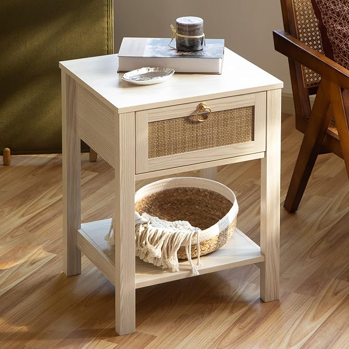 SICOTAS White Nightstand Set of 2,Rattan Decor Drawer with Brass Knobs Night Stand Bedside Table Boho End Tables Side Tables with Storage Shelf for Bedroom,Small Space