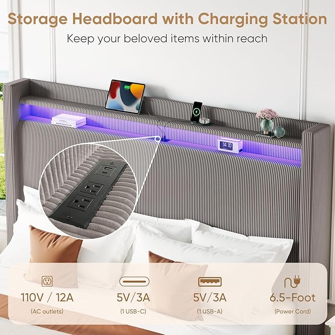 King Bed Frame with 55.3" Tall Headboard, Corduroy Upholstered Platform Bed with LED Lights & Charging Station, Wingback Storage Headboard, Solid Wood Slats,Noise Free,No Box Spring Needed,Gray Brown