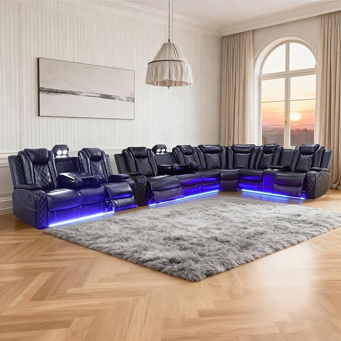 Power Recliner Sectional Sofa Set, Black Leather Sectional Couch and 3 Seater Sofa for Living Room, L Shape Reclining Sofa with Cup Holder, Hidden Storage, Coffee Table for House(9 Seat)