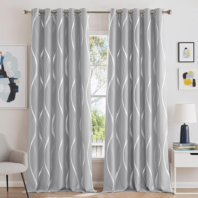 NICETOWN Silver Grey Blackout Curtain Panels for Office, W66 x L84, Heat Blocking Privacy Protection Wave Line Foil Print Design Drapes for Bedroom and Living Room, 2 Panels
