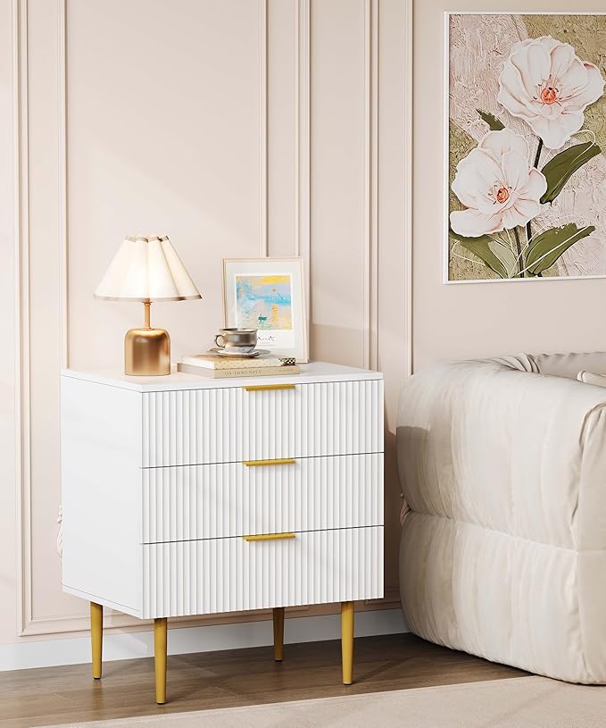 3 Drawer Nightstand with Charging Station, 23.2" W Large Fluted Night Stand, Modern Bedside Table with USB Ports and Outlets, for Bedroom, White and Gold