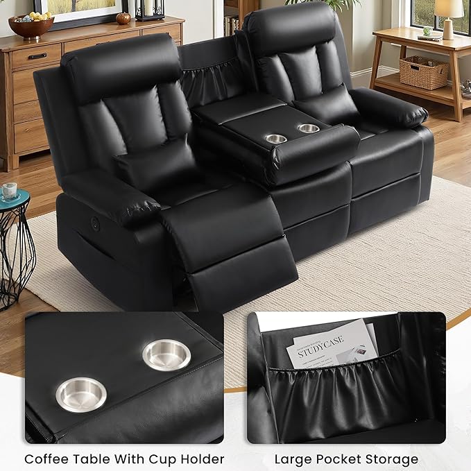 Power Reclining Sofa with Drop-Down Console and Lumbar Pillows, Leather 3-Seat Recliner Couch with USB & Type-C Ports, Cup Holders, Hidden Storage, Wall Hugger Recliner for Living Room RV Theater