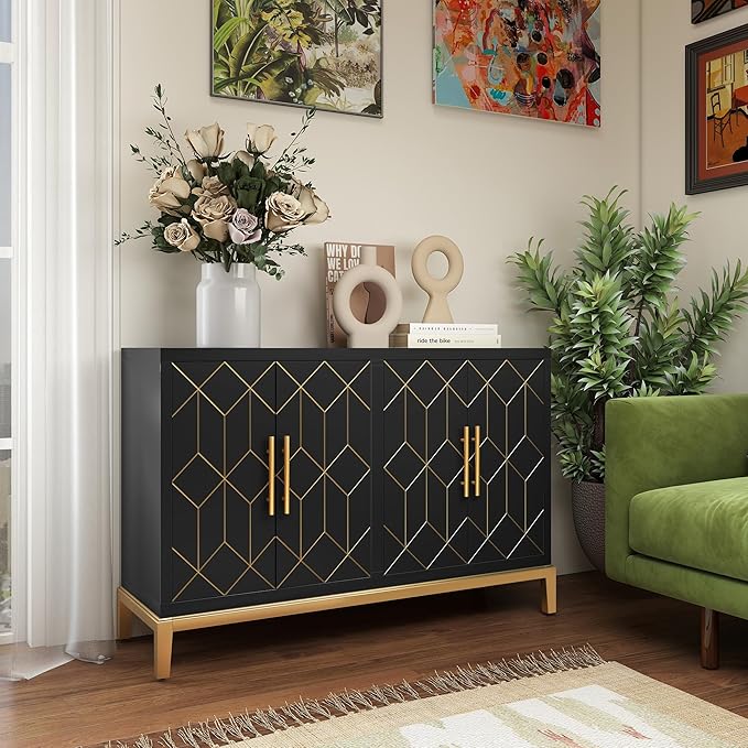 47.8" Storage Accent Cabinet with 4 Doors, Modern Sideboard Buffet Cabinet with Gold Lines, Wood Decorative Credenza with Storage for Living Room, Kitchen, Dining Room, Entryway, Black