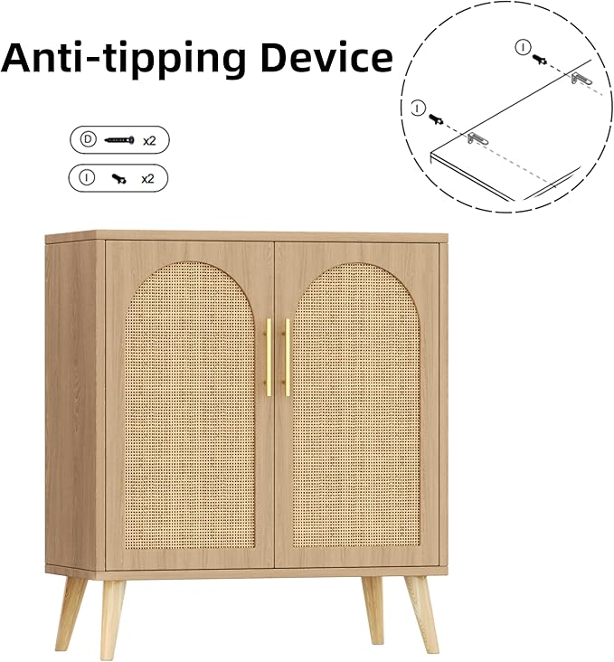 2 Pack 15.7" D Rattan Buffet Cabinet with Storage, Buffet Sideboard with Adjustable Shelf and Solid Wood Legs, Floor Storage Cabinet with Doors, Coffee Bar for Kitchen, Living Room, Natural