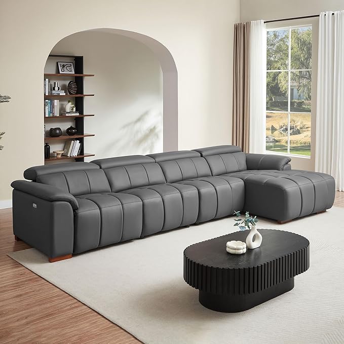 KEIKI 145" L-Shaped Genuine Leather Wall-Hugger Reclining Sofa with Right Chaise, Adjustable Backrest & Footrest, Modern Style Electric Control 4-Seater Couch with USB, for Living Room, Dark Grey