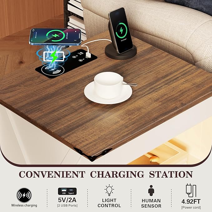 Farmhous Nightstand with Gun Drawer,Bedside Table with Charging Station, Gun Night Stand with LED Light & Human Sensor,Smart End Table for Bedroom, Antique White
