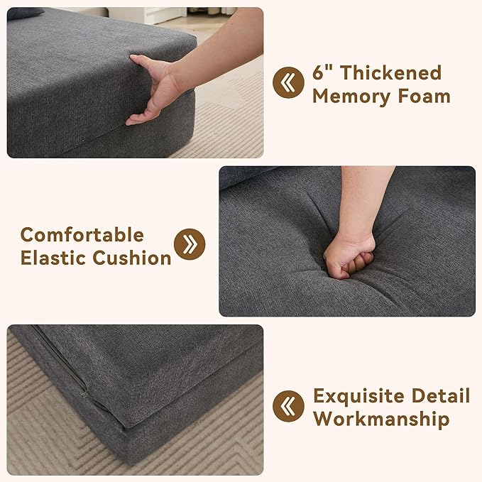 WUTUTUEE Folding Sofa Bed Convertible Floor Couch Foldable Chair Bed with Pillow，Linen Sleeper Chair Futon,Foldable Memory Foam Mattress for Bedroom/Living Room/Dorm/Office (Dark Grey, Single)
