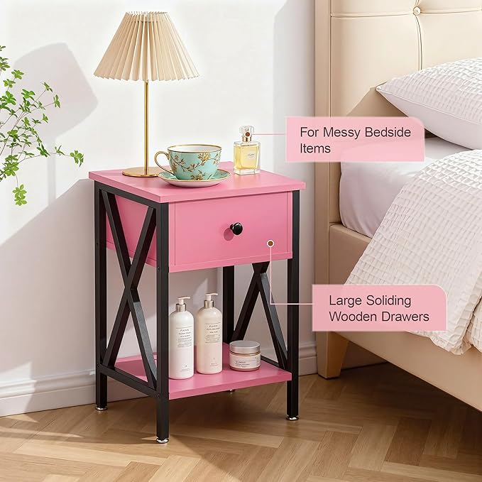 VECELO Nightstand,Modern Bedside End Table, Night Stand with Drawer and Storage Shelf for Living Room Bedroom, Industrial Metal Frame