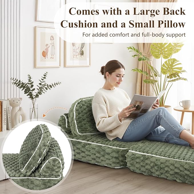 COLAMY Folding Sofa Bed, 3-in-1 Convertible Sleeper Chairs with Pillow,Back Support, Fuzzy Fabric Floor Couch Bed for Adults, Boneless Couches Living Room, Bedroom, Apartment, Green