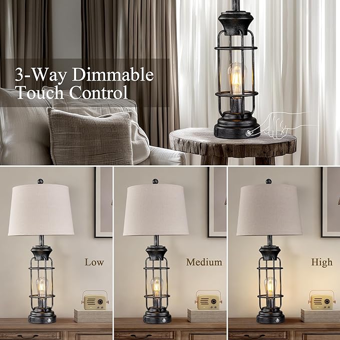28" Table Lamp for Living Room with USB Charging Ports, Tall Table Lamp Set of 2,3-Way Dimmable Lamps for Bedroom, Bedside Lamp for End Tables, Industrial Nighstand Lamps,Bulbs Included