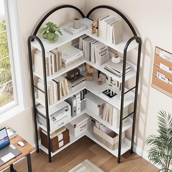 GarveeHome Arched Bookshelf Corner Bookcase, L Shaped Bookshelf Industrial Corner Bookshelves, Large Bookcase with Metal Frame, Corner Shelf Arch Display Rack for Living Room Bedroom